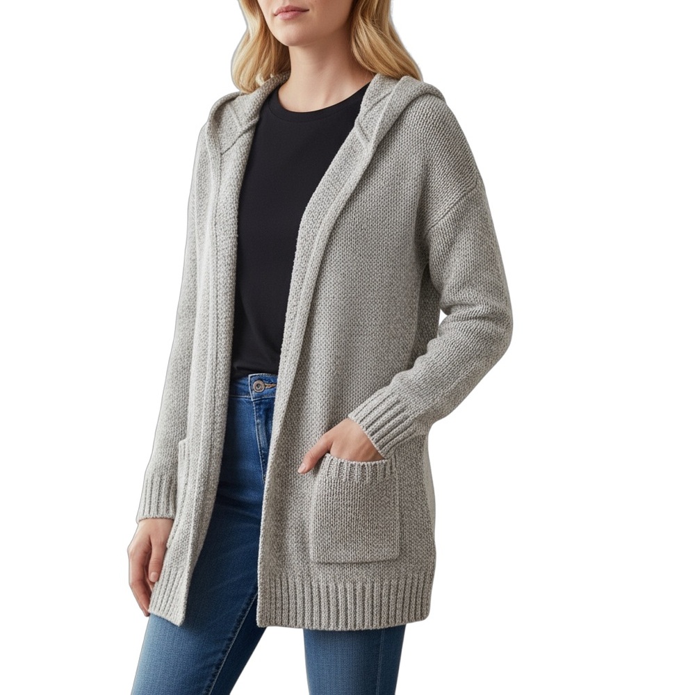 Eddie Bauer Lounge Hooded Open Cardigan Sweater Heather Gray Pockets Size XS